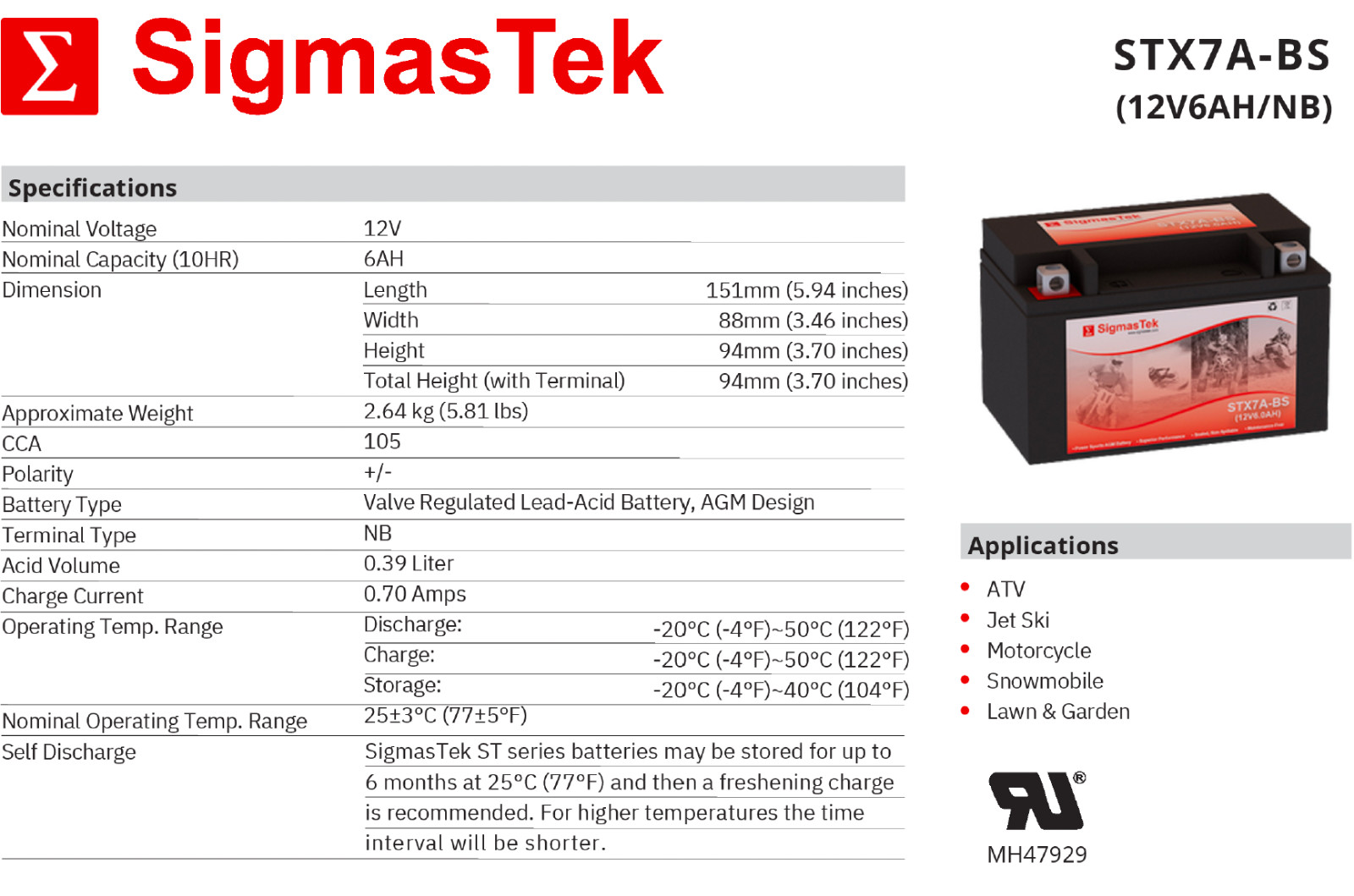 Kasea 250CC Skyhawk 250 (All Years Battery) Replacement By SigmasTek Brand