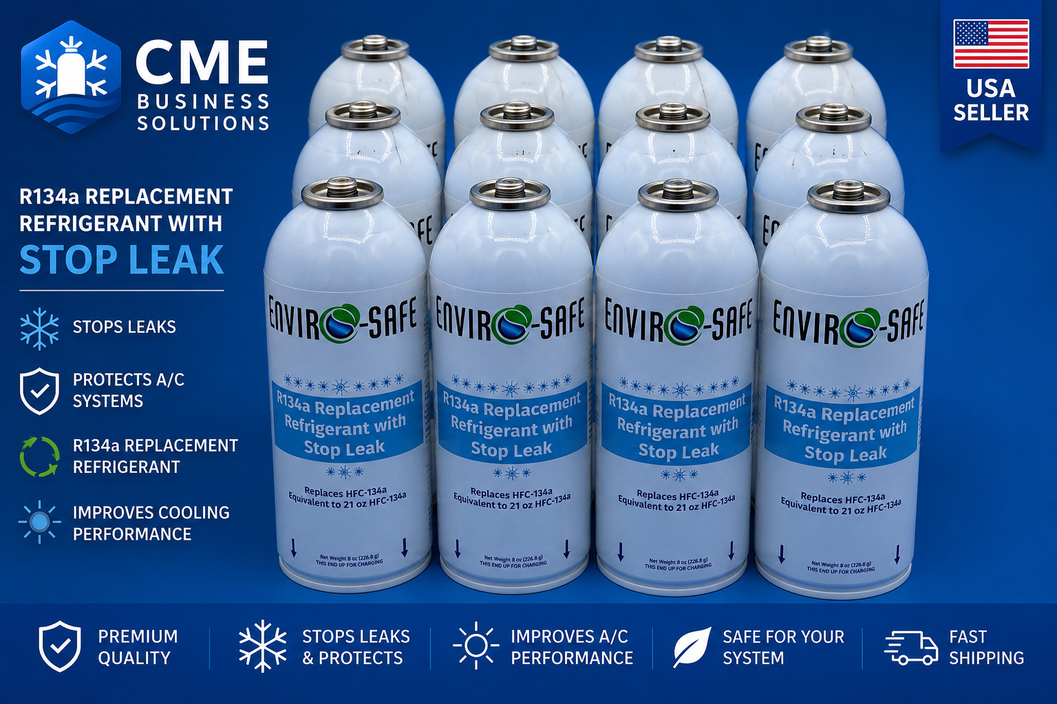 Enviro-Safe® R134a Replacement Refrigerant with Stop Leak – 12 Cans – Automotive