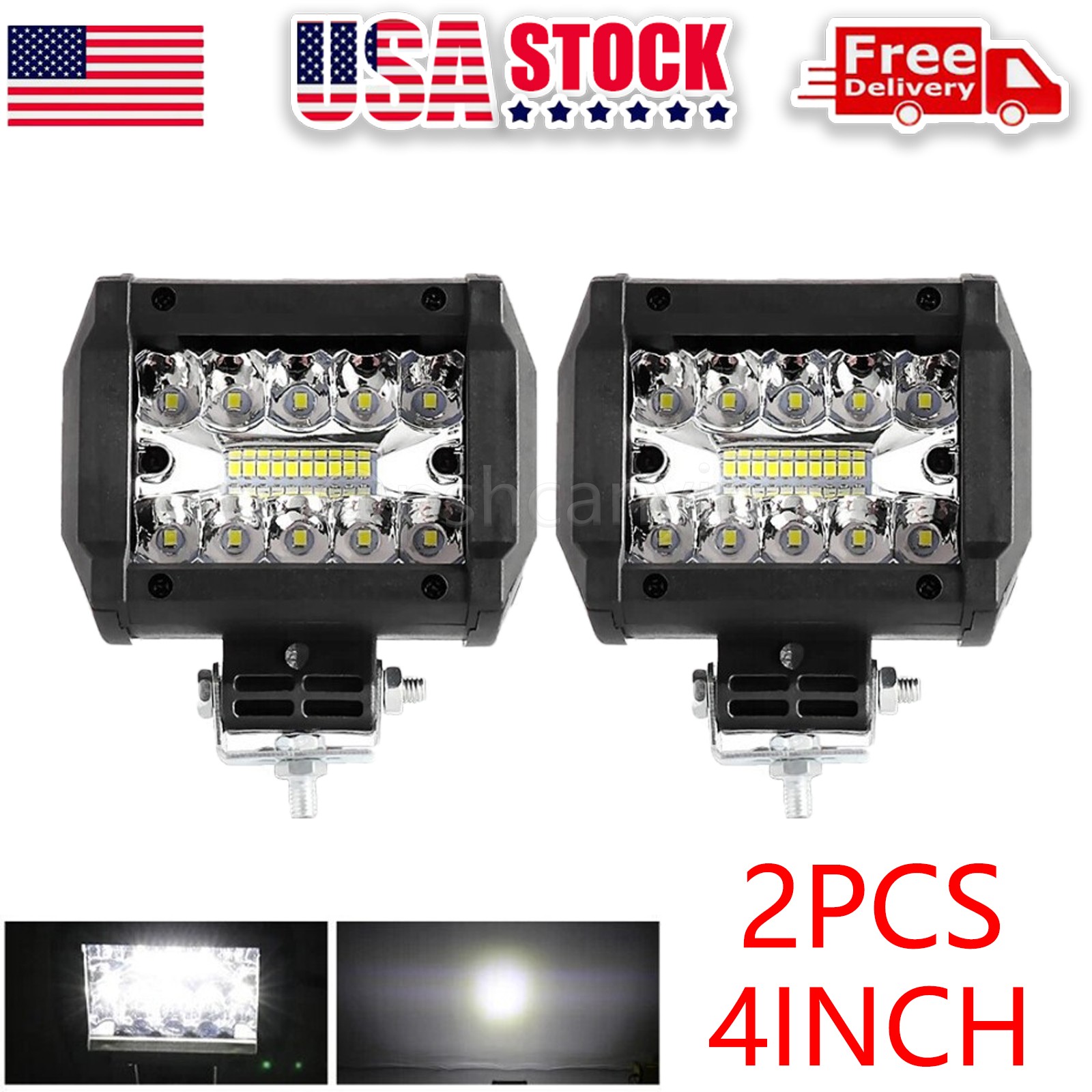 2PCS 4″Inch 12V LED Work Light Bar Spot Flood Pods Driving Off-Road Tractor 4WD