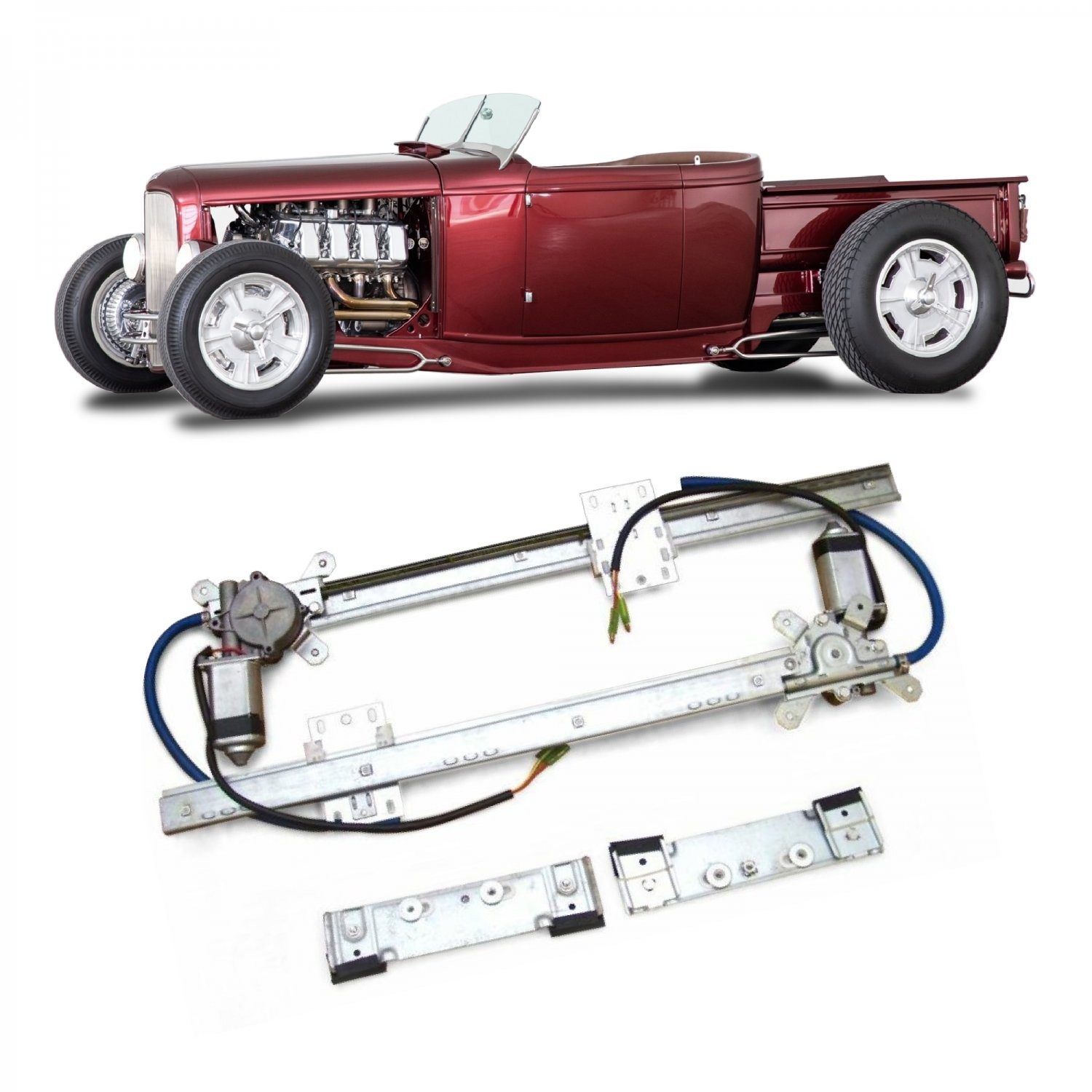 Flat Glass 12V Power Window Conversion Kit for 1932 Model B Roadster Pickup