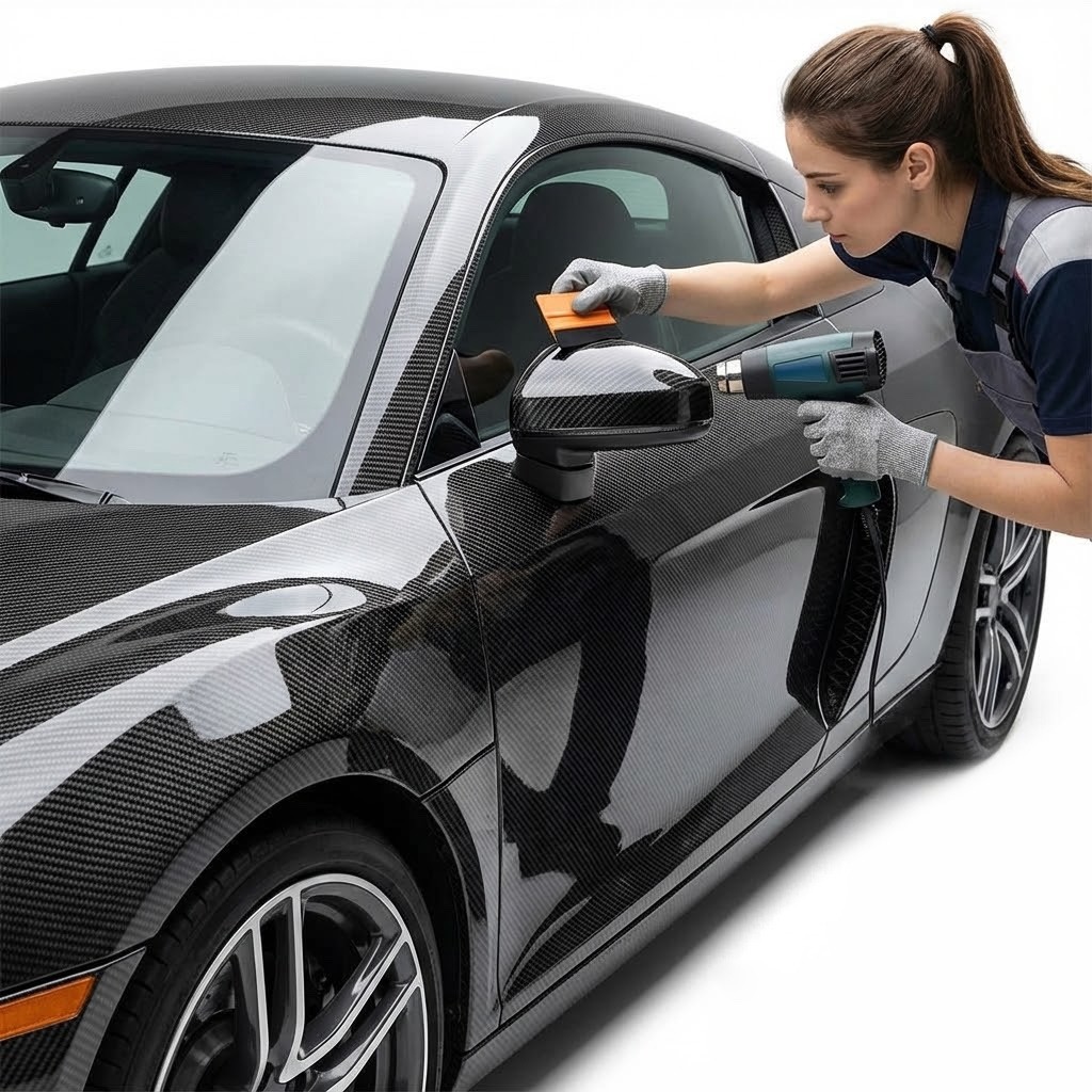 7D Premium Super Gloss Black Carbon Fiber Vinyl Wrap Bubble Free Air Release 6D
