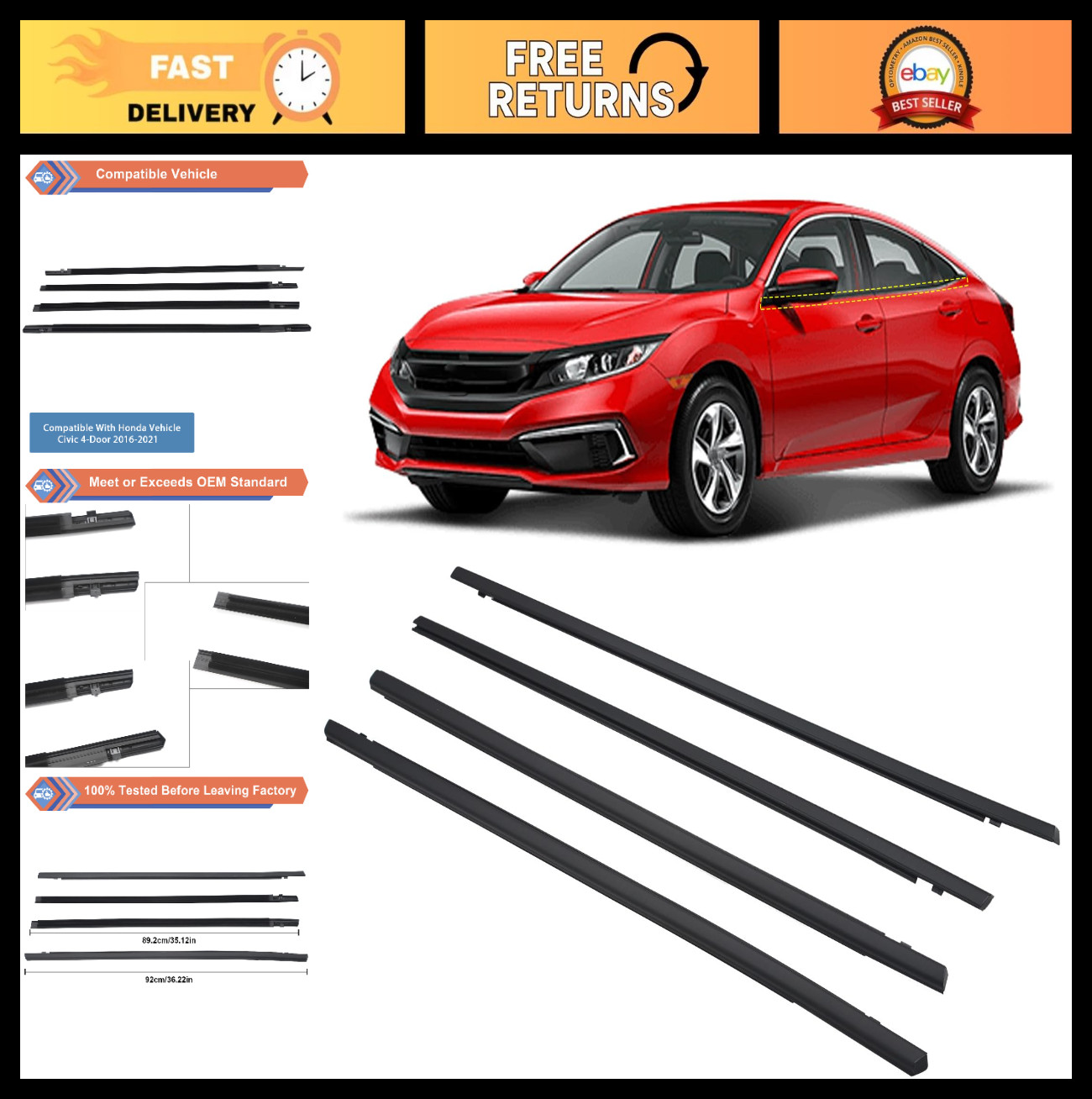 4 Pcs Car Door Window Trim Weatherstrip Seal Belt for Honda Civic 2016-2021