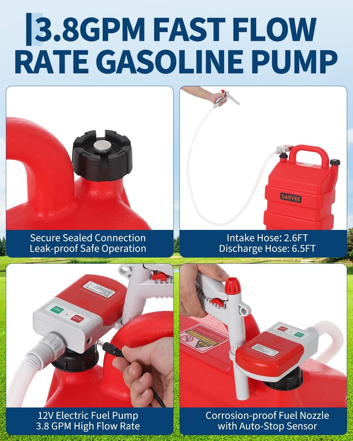 Portable 16 Gal Gas Caddy Fuel Tank 12V/4AA Battery Transfer Pump Lawn Mower