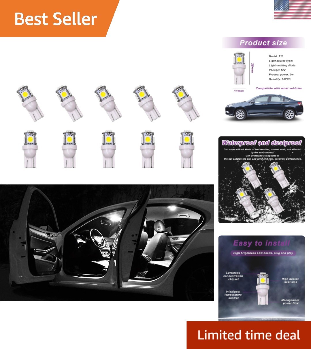10 Pack T10 5SMD LED Car Bulb Kit – Safe & Bright Interior Lighting Solution