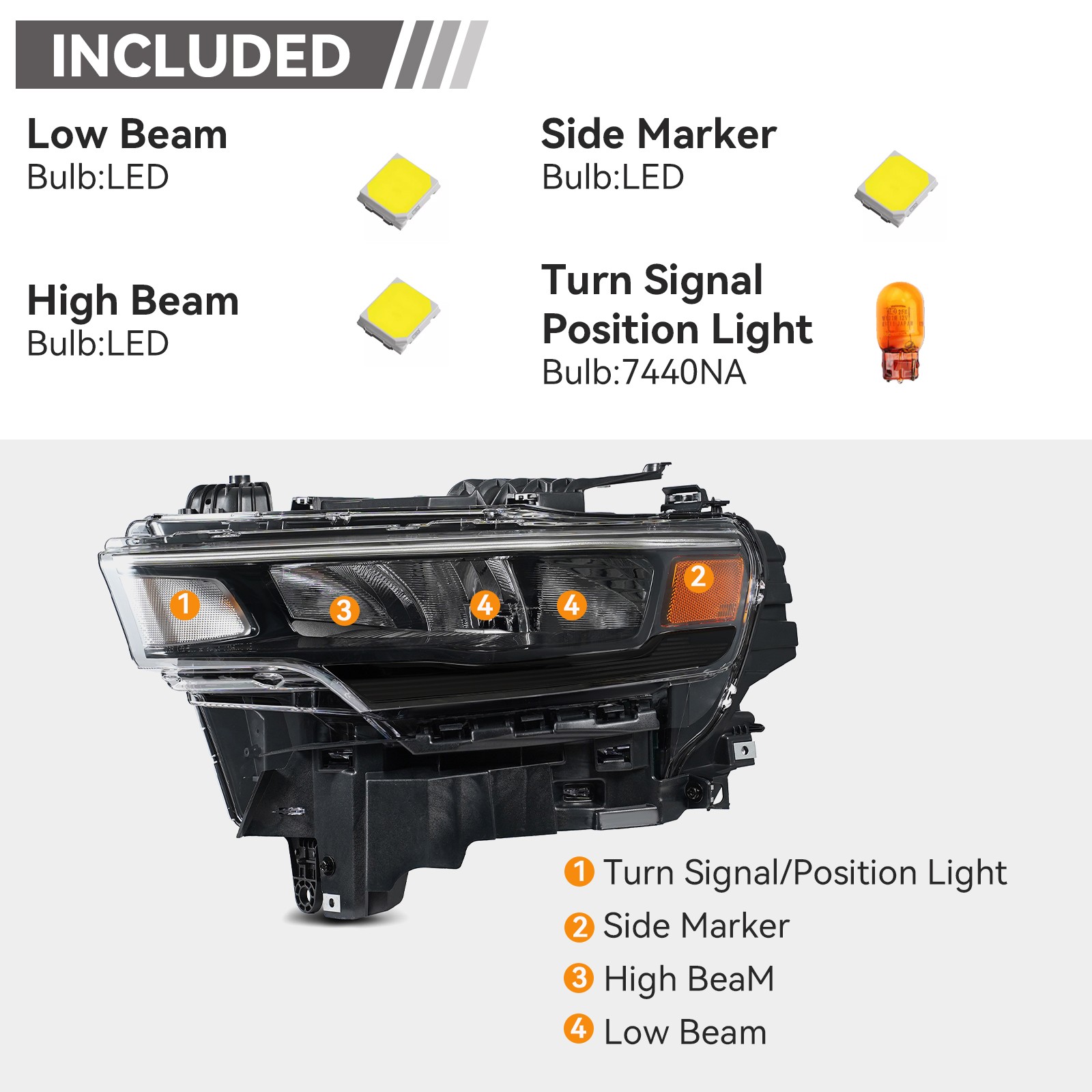 For 2025-2026 Ram 1500 LED Headlight Halogen Turn Signal Black Trim R+L Pair