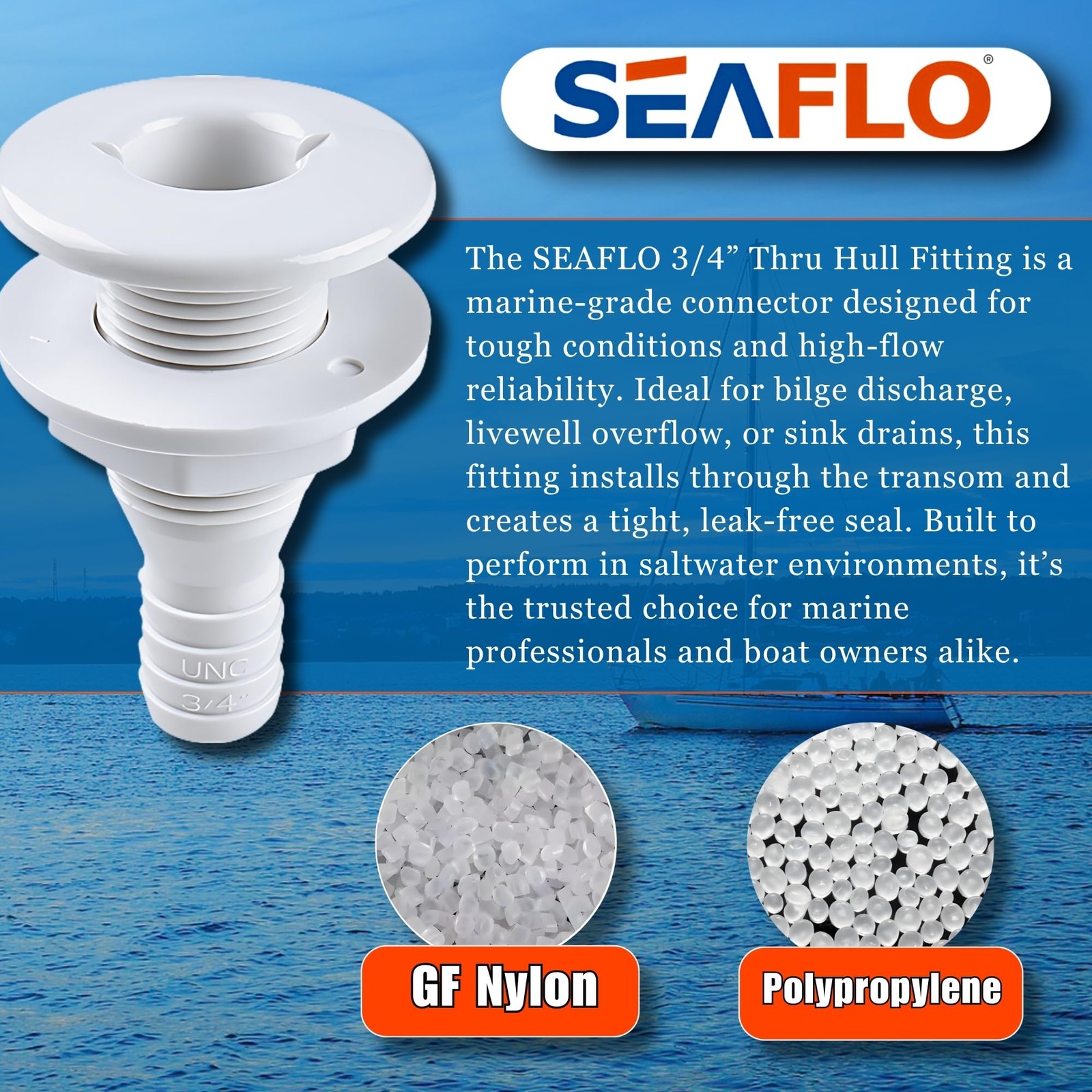¾” Thru Hull Fitting Marine Boat, Polypropylene, Plastic Drain Overflow Conne…