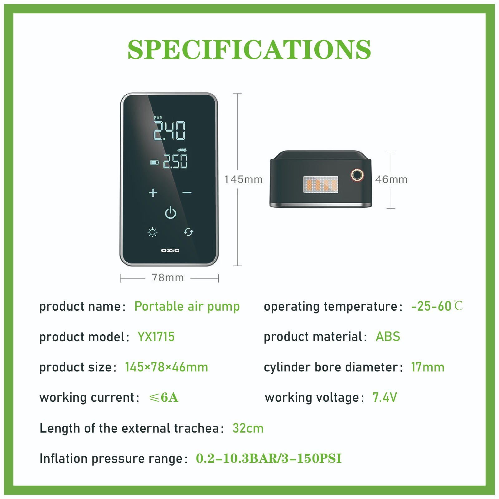 YX1715S 2500*2 Portable High-Pressure Wireless Tyre Inflator for Cars