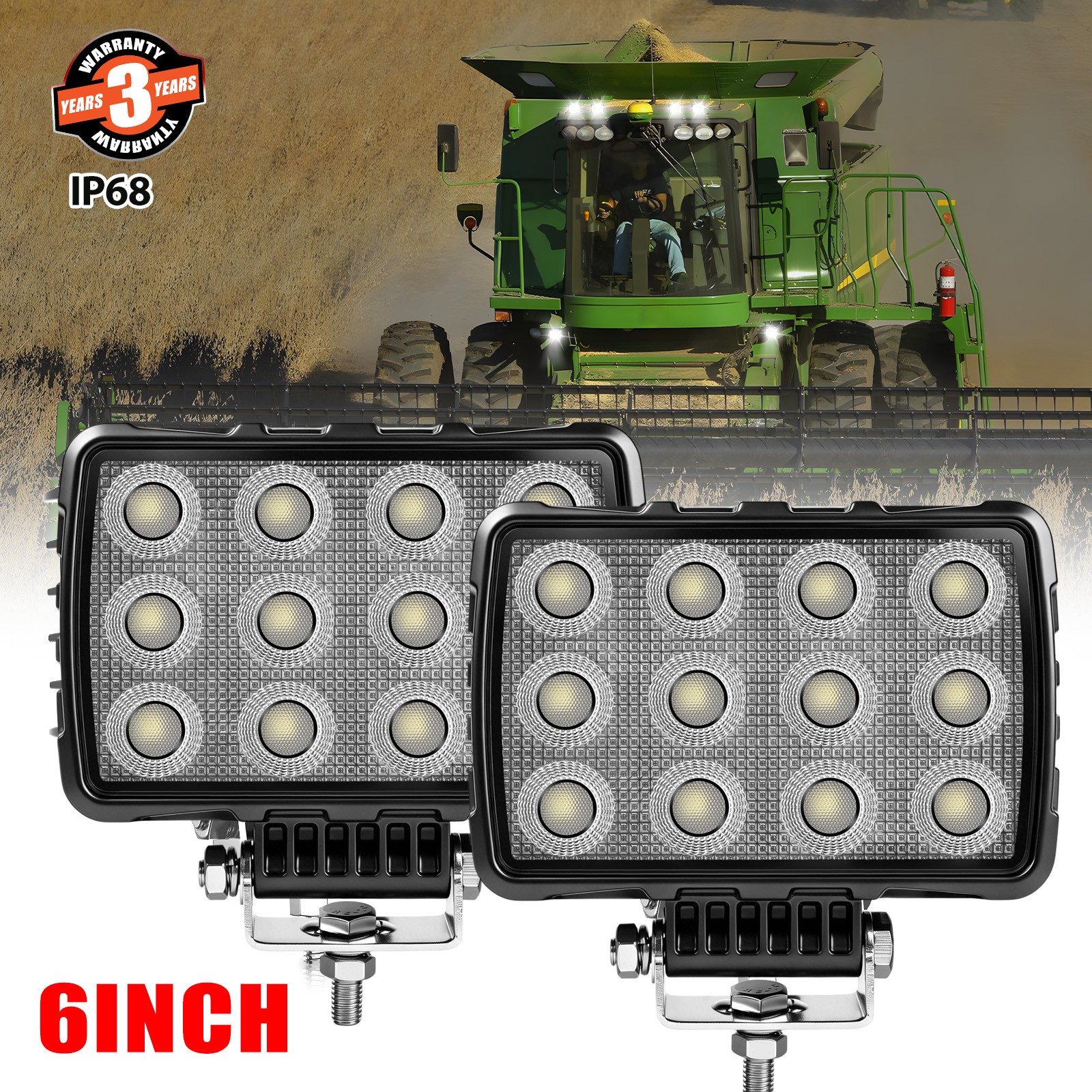 6″ 200W Powerful LED Work Lights Flood For Tractor Truck Dozer Combine 12V 24V