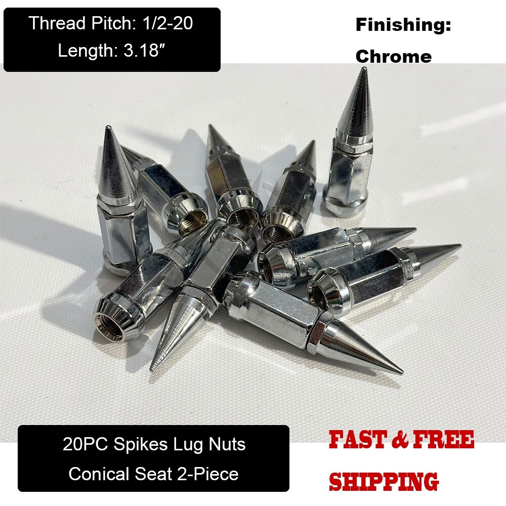 20Pc Chrome 3.18″ 2Pc Spike Lug Nuts 1/2-20 Bulge Acorn For Jeep 5×4.5 5×5 5×5.5