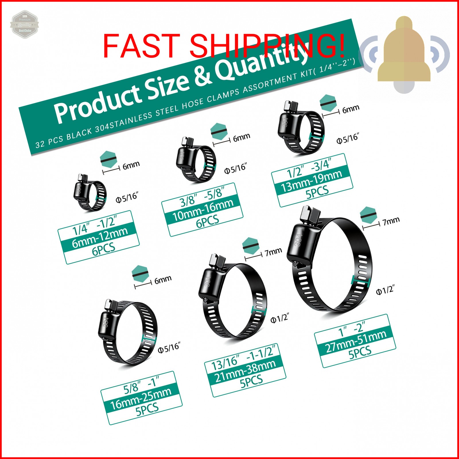 Dianrui 32 PCS Black Hose Clamps Assortment Kit 1/4″–2″ (6-51mm) Hose Clamps Sta