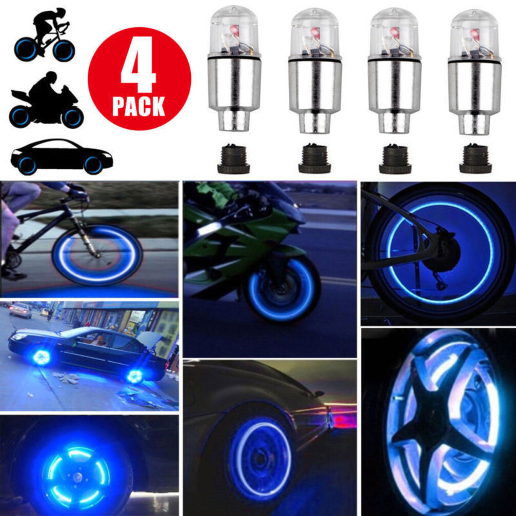 4x Car Tire Air Valve Stem Blue LED Light Caps Cover Auto Exterior Accessories
