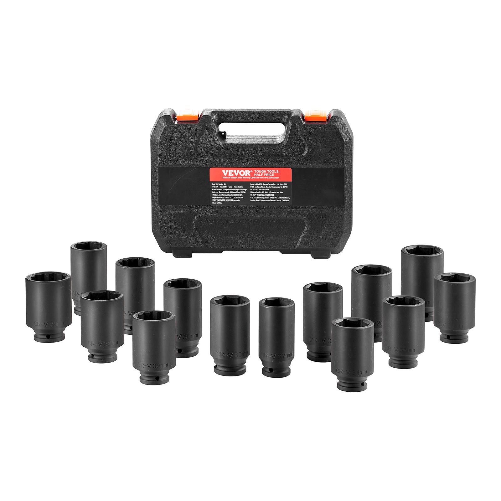 VEVOR Axle Nut Impact Socket Set 1/2″ Drive Deep 6+12-Point 14PCS Metric Socket