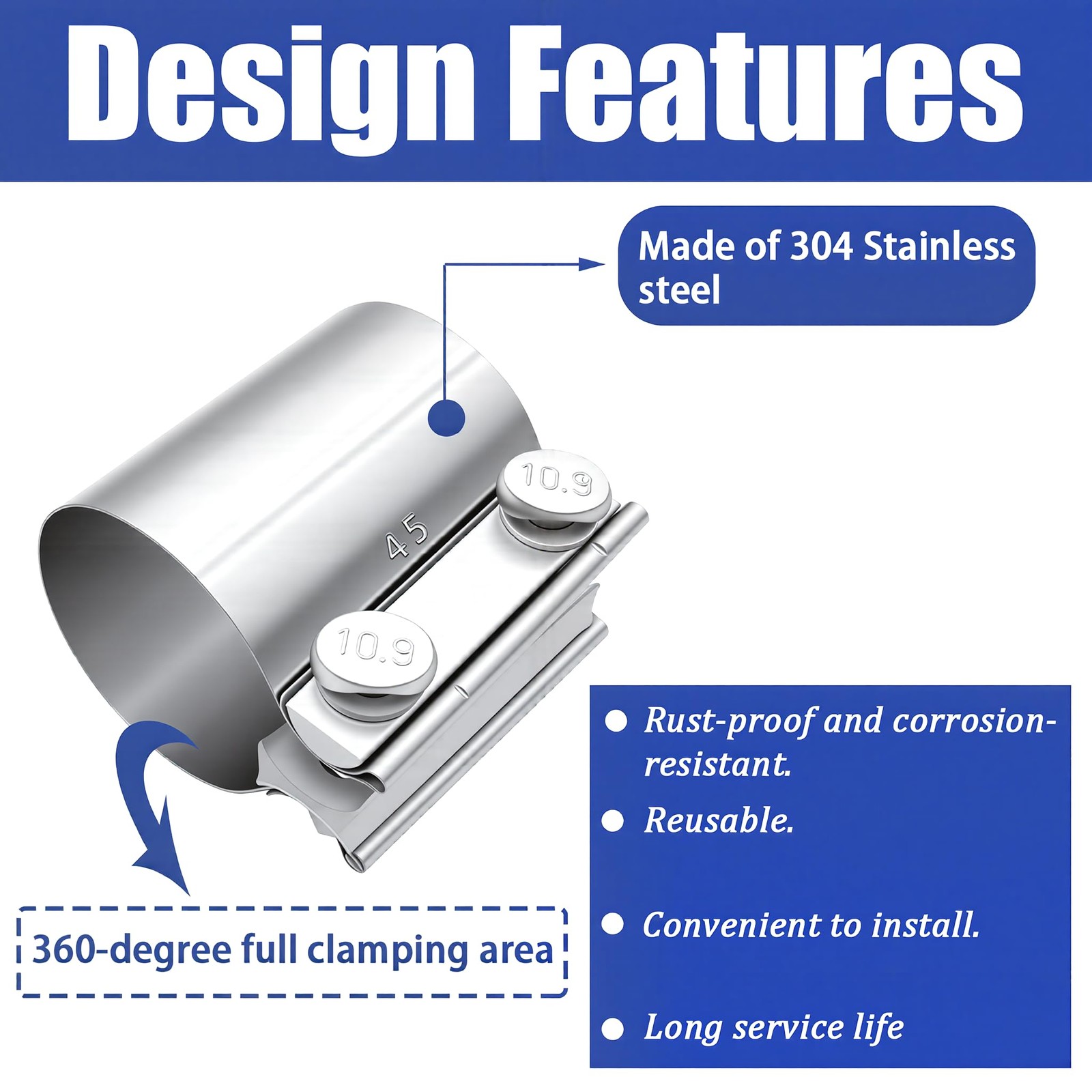 Dianrui 2PCS 1.75″ Butt Joint Stainless Steel Clamp Band; 1.75 1.75″, Silver