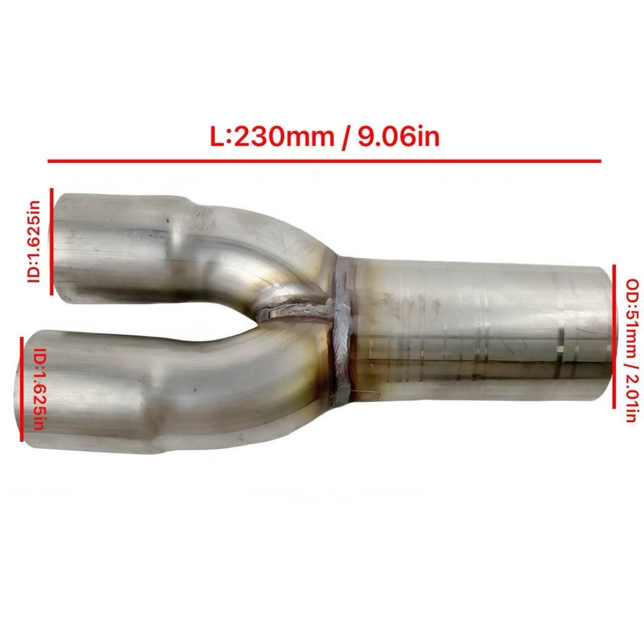 2 into 1 Exhaust Merge Collector 1.625″ Inlet to 2″ OD 9″ Long T304 Stainless