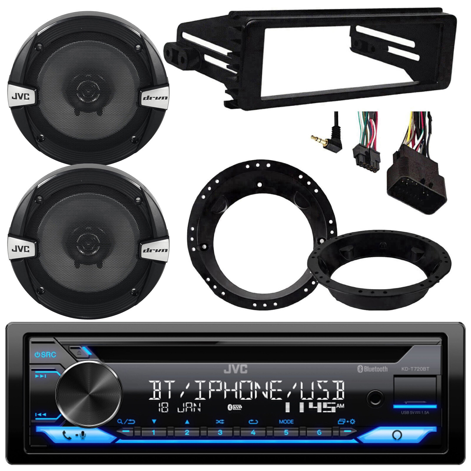 JVC KD-T720BT Stereo CD Receiver, 2x 6.5″ 300W Speakers w/ Adapter, Install Kit