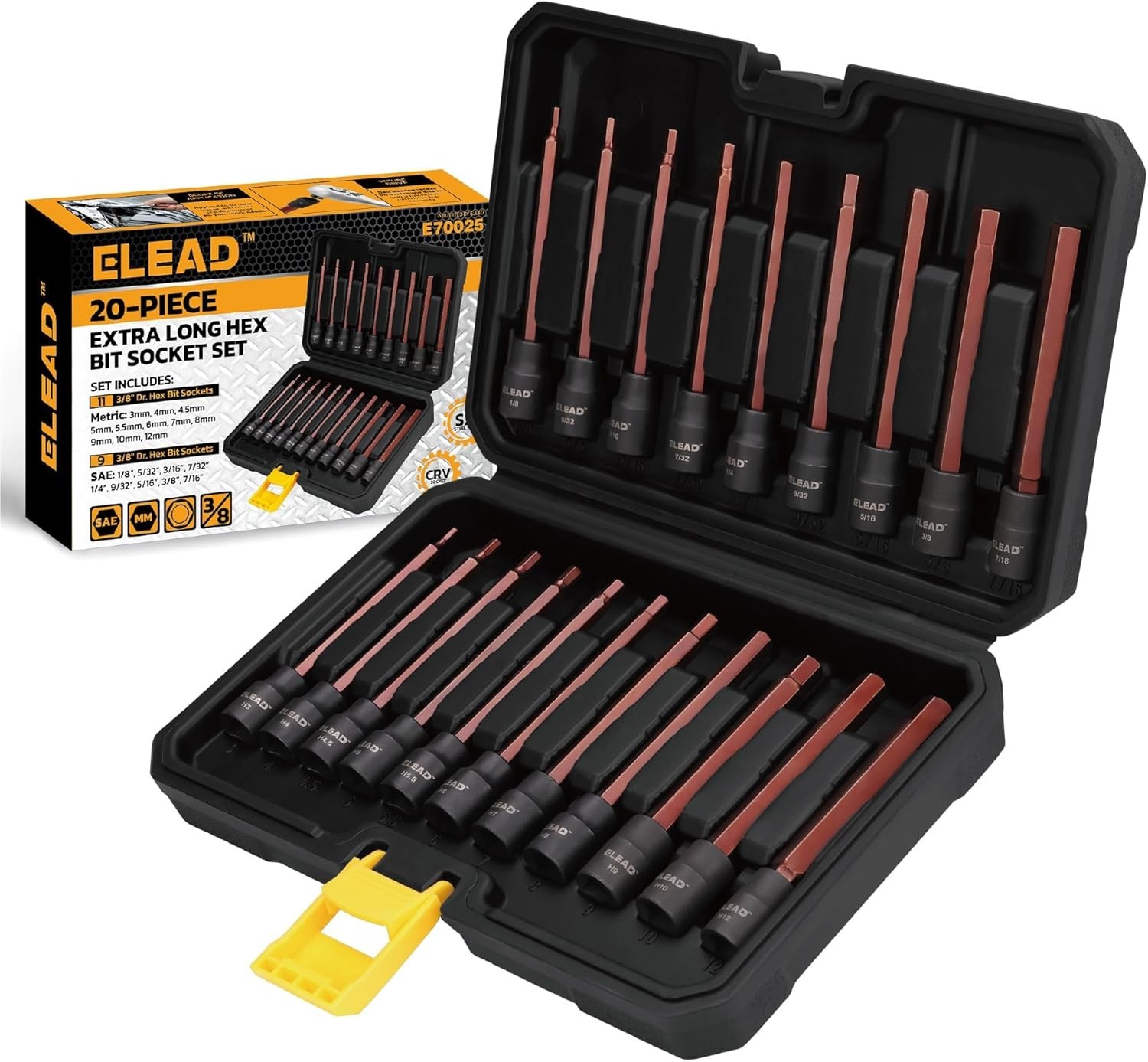 20-Piece Extra Long Allen Hex Bit Socket Set 3/8″ Drive SAE & Metric 110mm S2 St