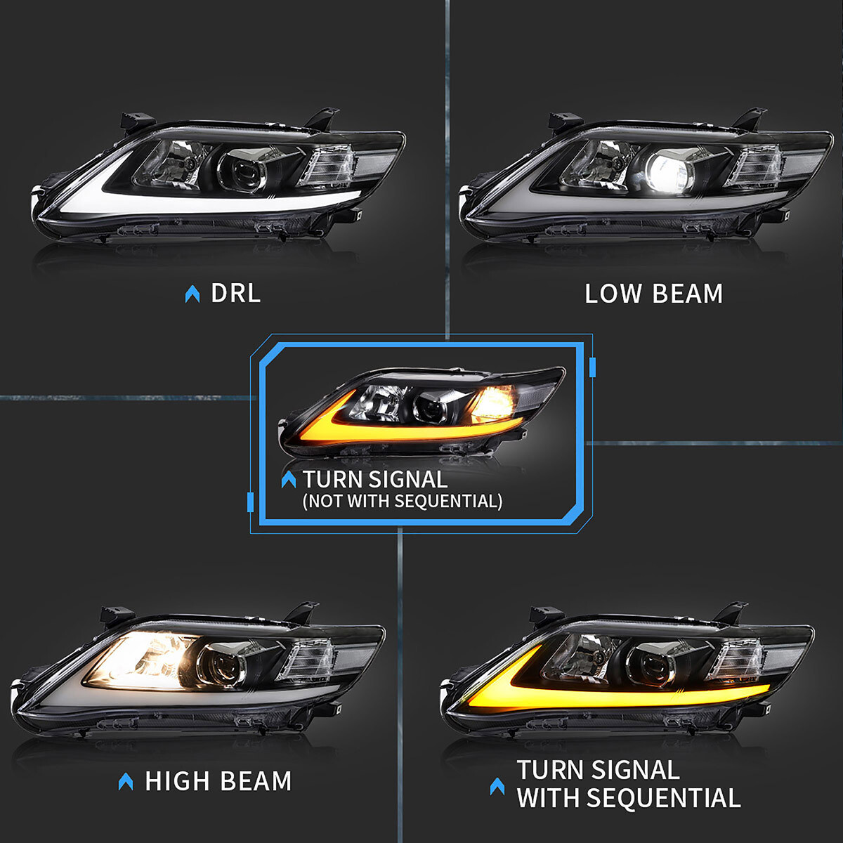 VLAND LED DRL Projector Headlights For Toyota Camry 2010 2011 w/Sequential Lamps