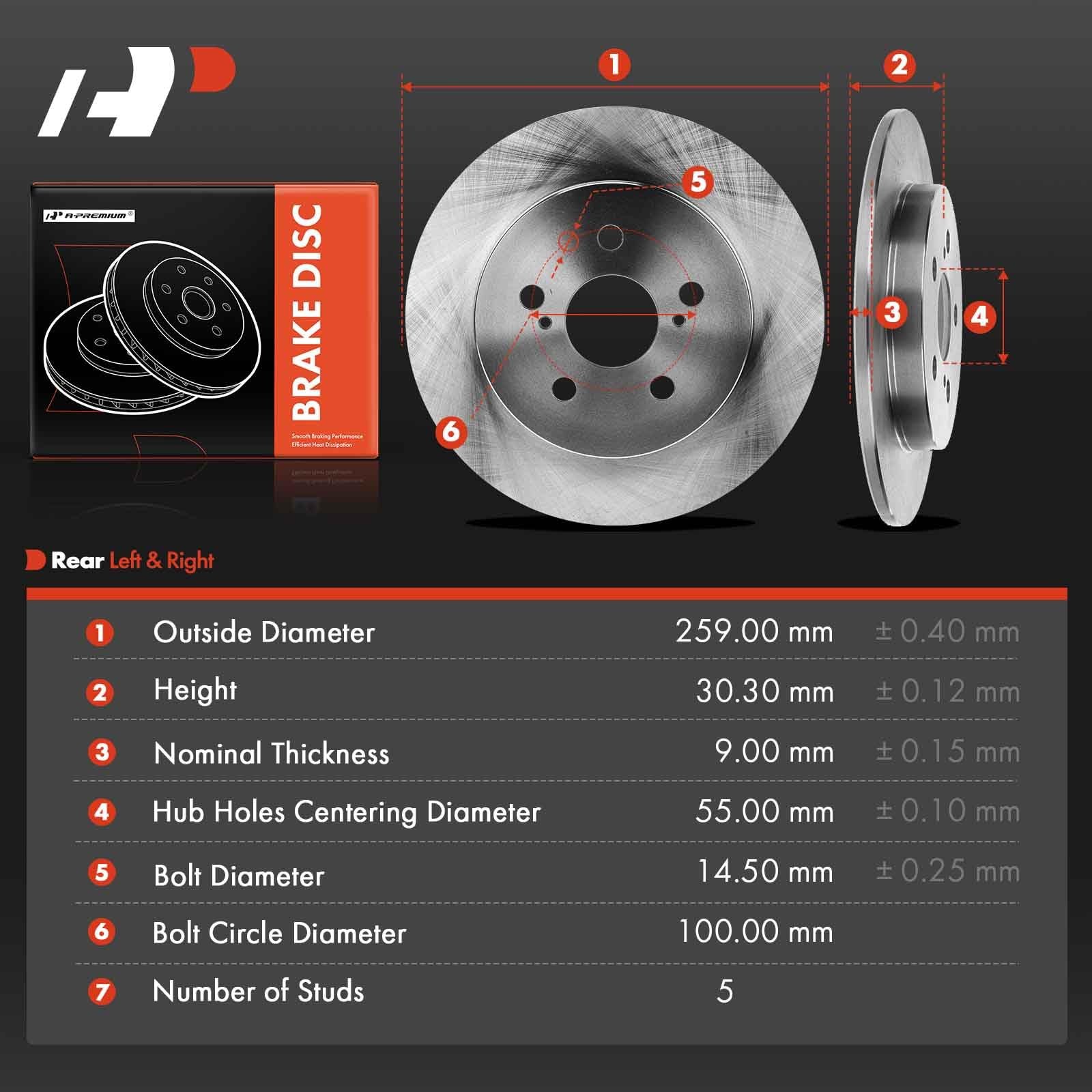 A-Premium 10.20 inch (259mm) Rear Solid Disc Brake Rotors, 2-Pack