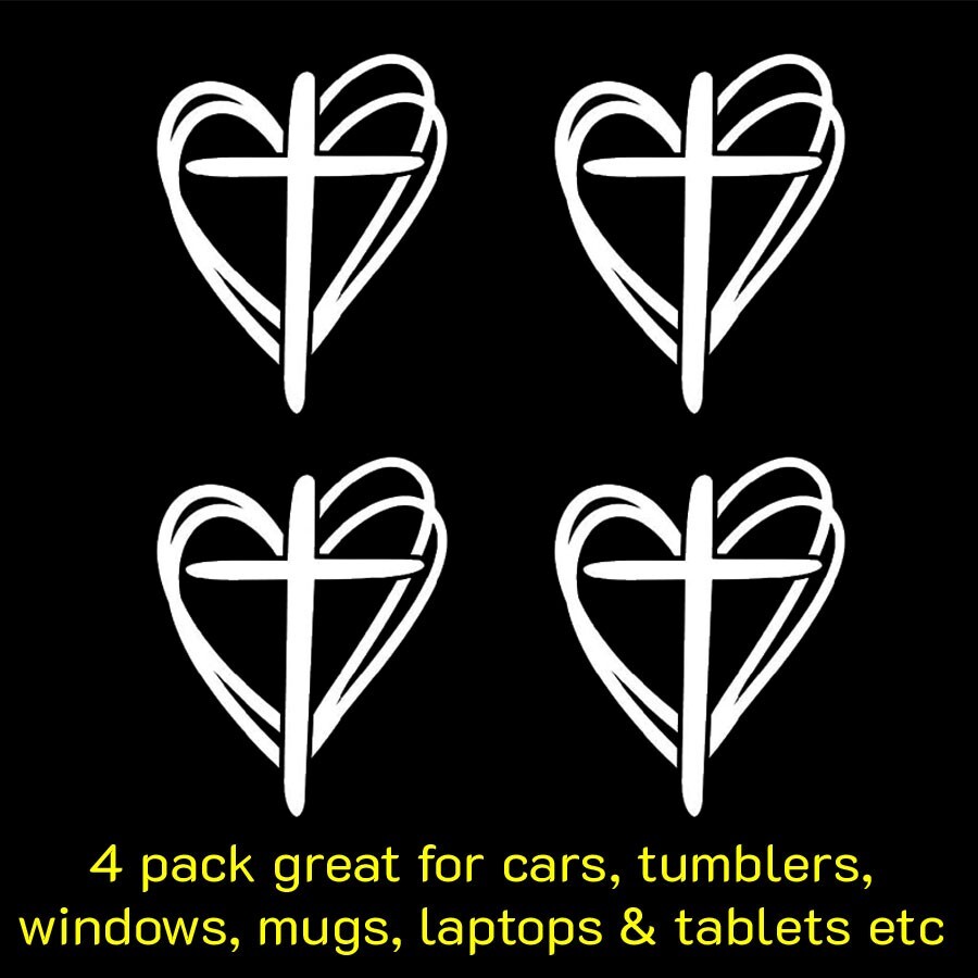 4 Pack – Cross Heart White Vinyl Decal Car Window Tablet Computer Laptop Tumbler
