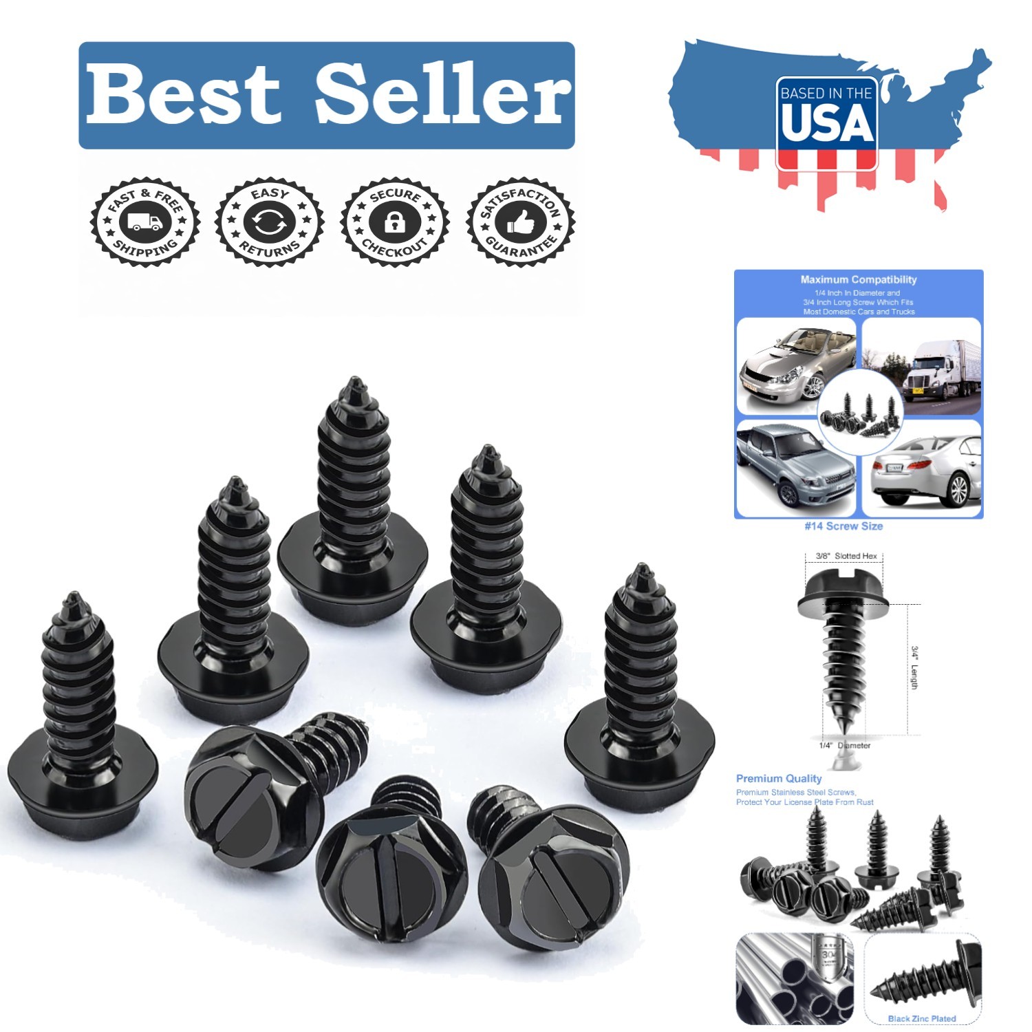 8PCS Rust-Proof Stainless Steel License Plate Screws – Anti-Rattle Black