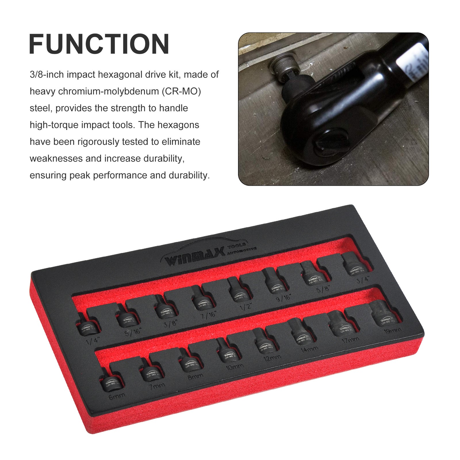 3/8″ Drive Low Profile Impact Hex Driver Set, Metric 6-19mm, SAE 1/4″-3/4″ 16pcs