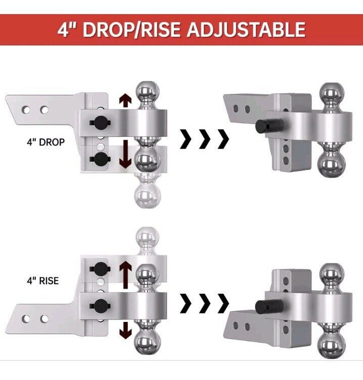 Towing Hitch 4″ Drop Adjustable Dual Ball Mount Trailer 2″ Receiver 12500 lb NEW