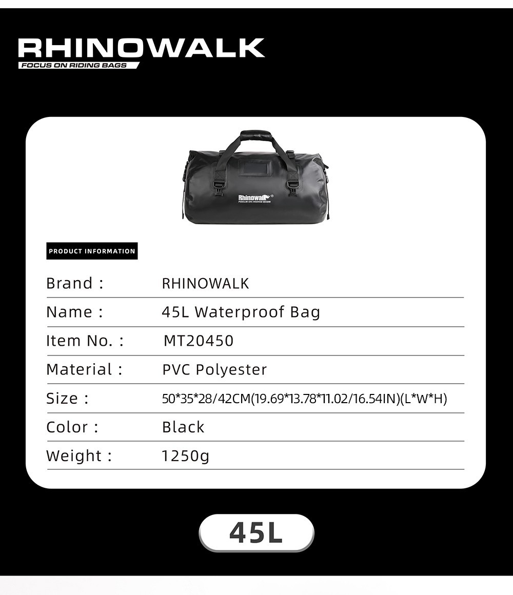 Rhinowalk Waterproof Motorcycle Touring Tail Bag 45L Cycling Shoulder Bag Black