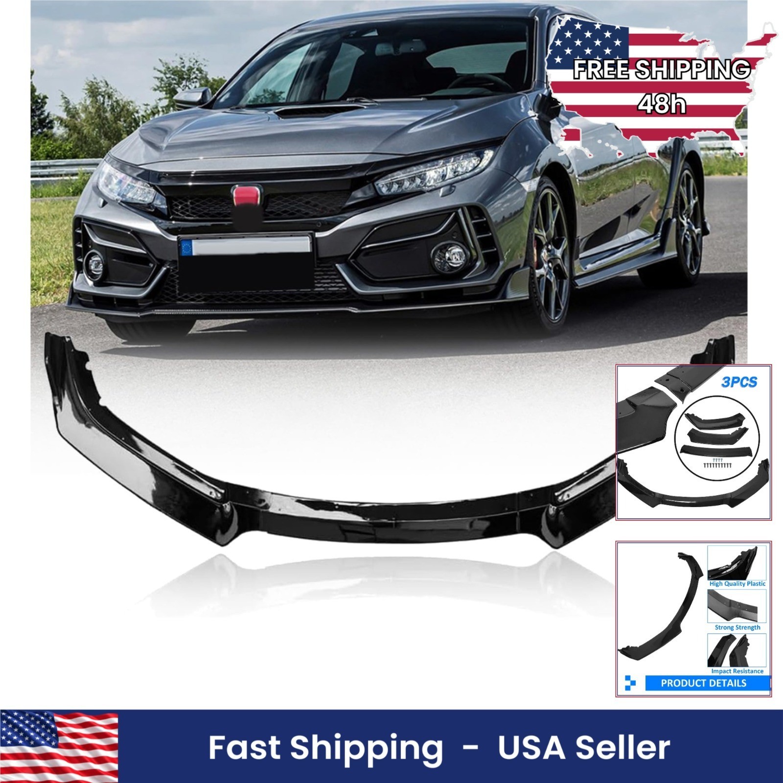3Pcs Front Bumper Spoiler Lip for 2016-2020 Honda Civic Glossy Black Body Kits S