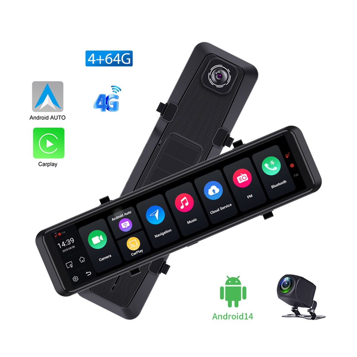 Car RearView Mirror Dash Cam With Android 14 4+64g Carplay GPS Navigator 5G Wifi