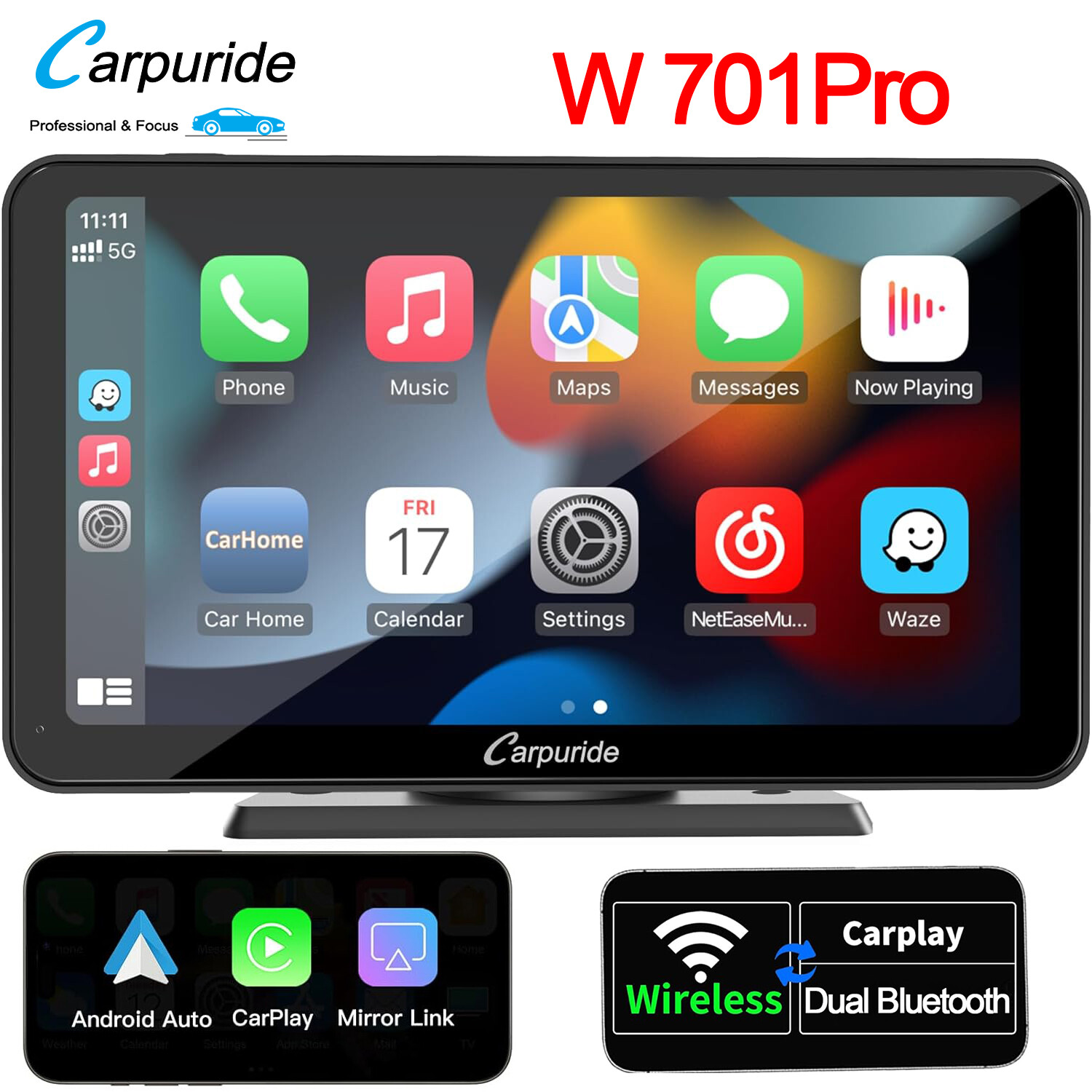Carpuride W701Pro Wireless Apple Carplay Android Auto Car Stereo Dual Bluetooth