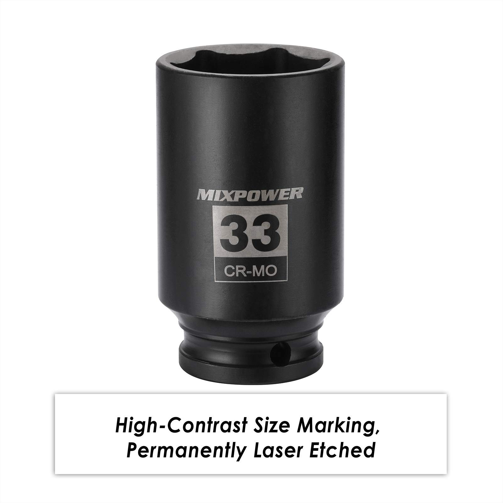 MIXPOWER 1/2″ Drive Deep Impact Socket, CR-MO, 33 mm, METRIC, 6 Point, 33mm