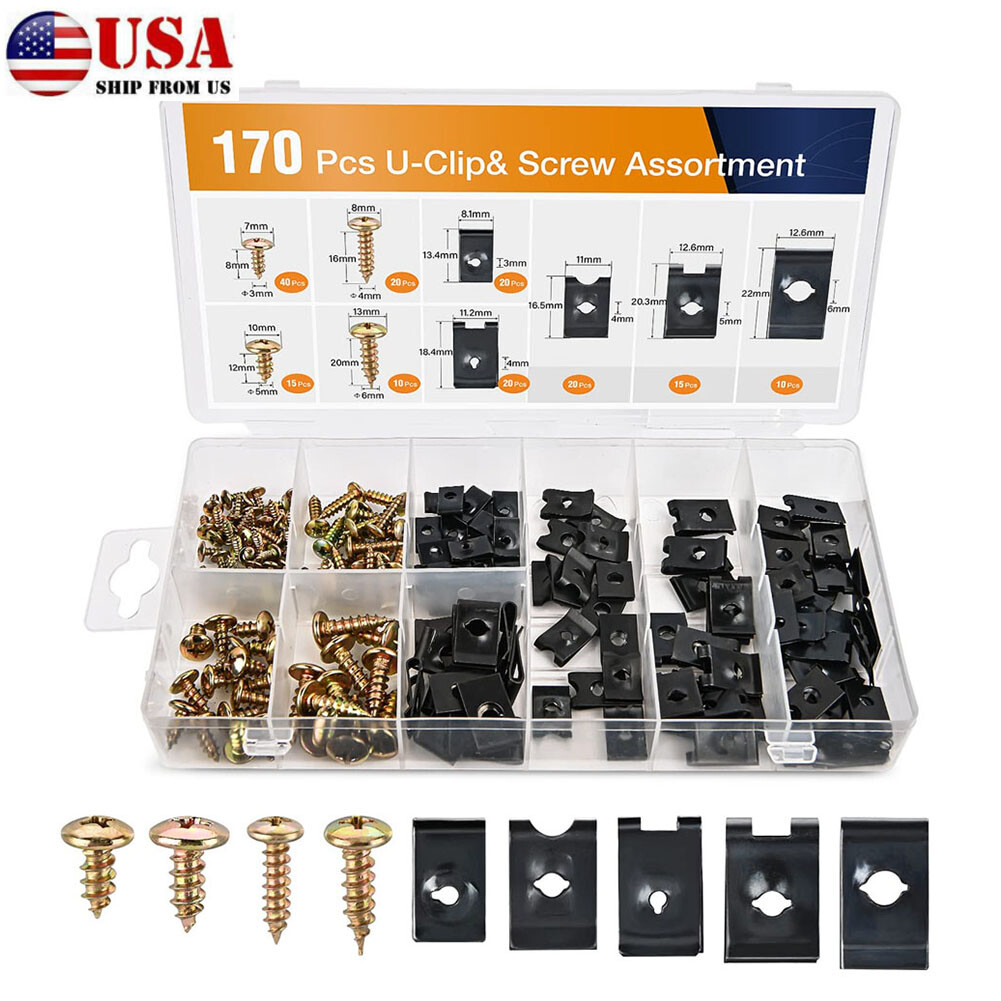 170Pcs Car U-Clip Metal Screw Assortment Kit U Clip Bumper Trim Panel Fastener