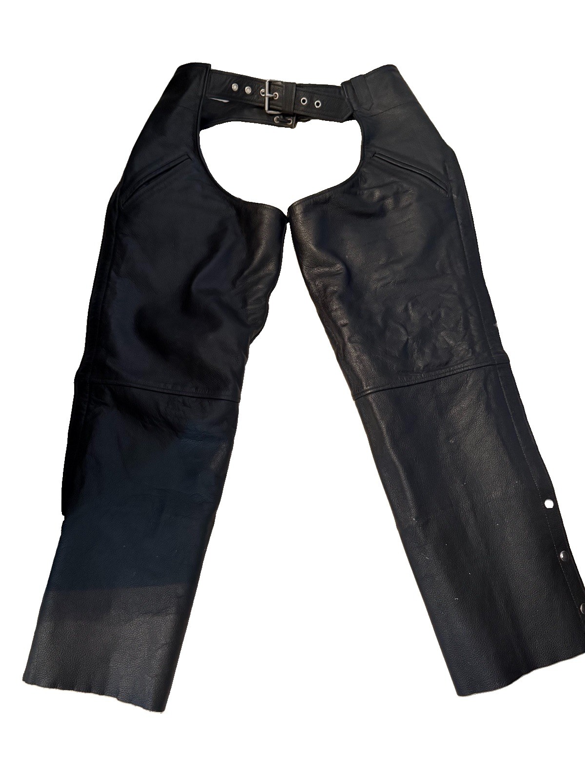 FMC Leather Chaps Men’s Size L Black Motorcycle Riding Chaps With Fleece Lining