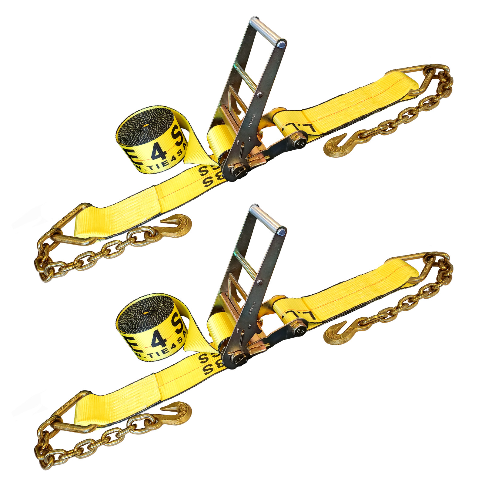 2 Pack USA 4″ x30′ Ratchet Strap W/Chain Extension Flatbed Truck Tie Down Yellow
