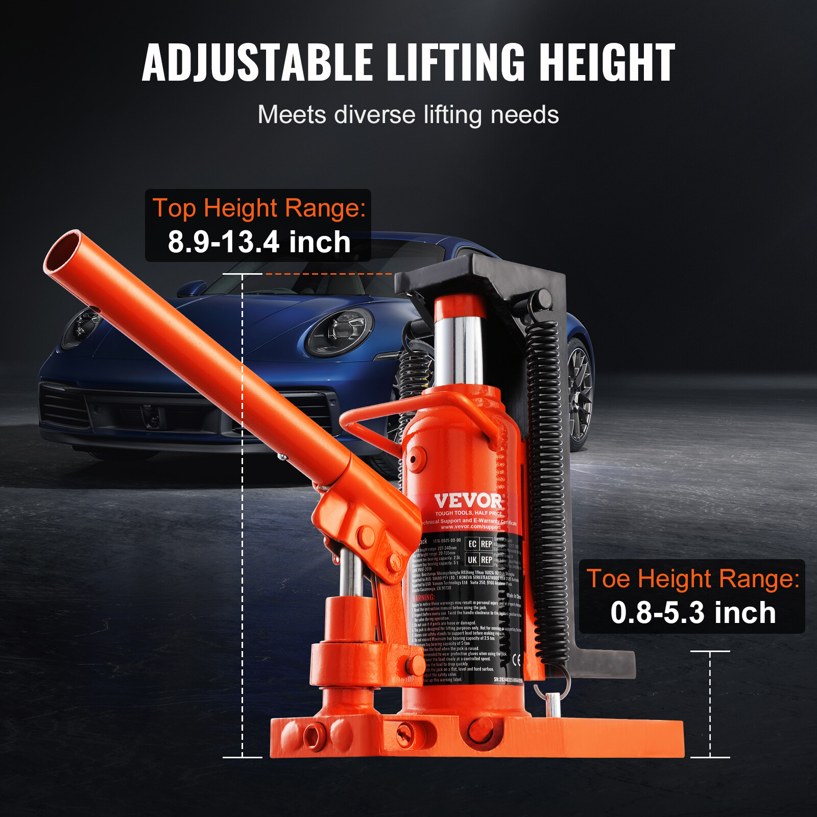 VEVOR Hydraulic Machine Toe Jack Lift Lifting Capacity 2.5 Ton Toe 5 Ton Top