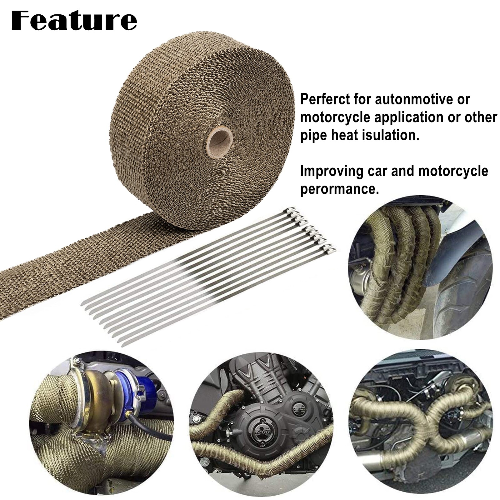 2 Rolls 2″x 50ft Thermal Header Pipe Tape Titanium Lava Exhaust Wrap 20 Ties Kit