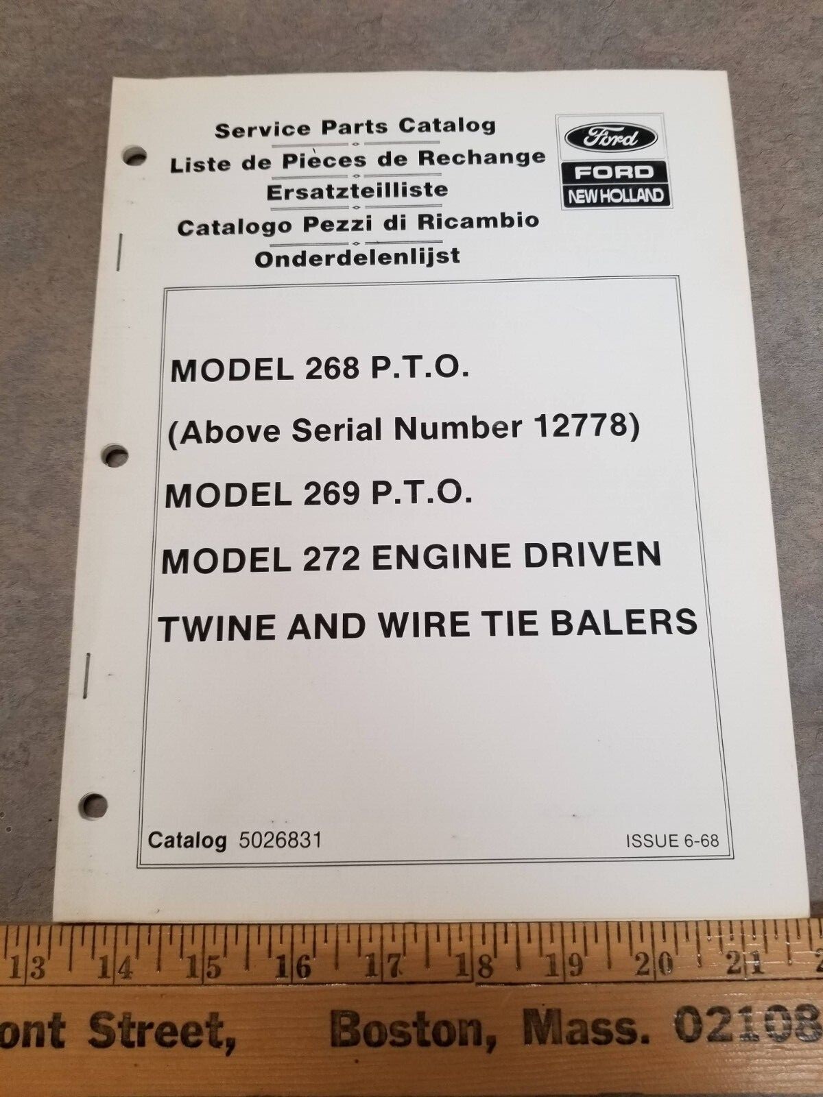 Ford New Holland Parts Catalog PTO 268, 269 Model 272 Tie Balers