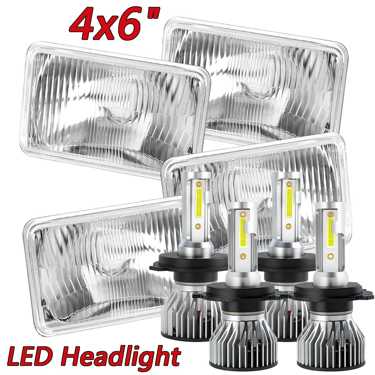 FOUR(x4) 4×6″ H4 Glass LED Headlights Conversion Semi Sealed High Low Beam Kit