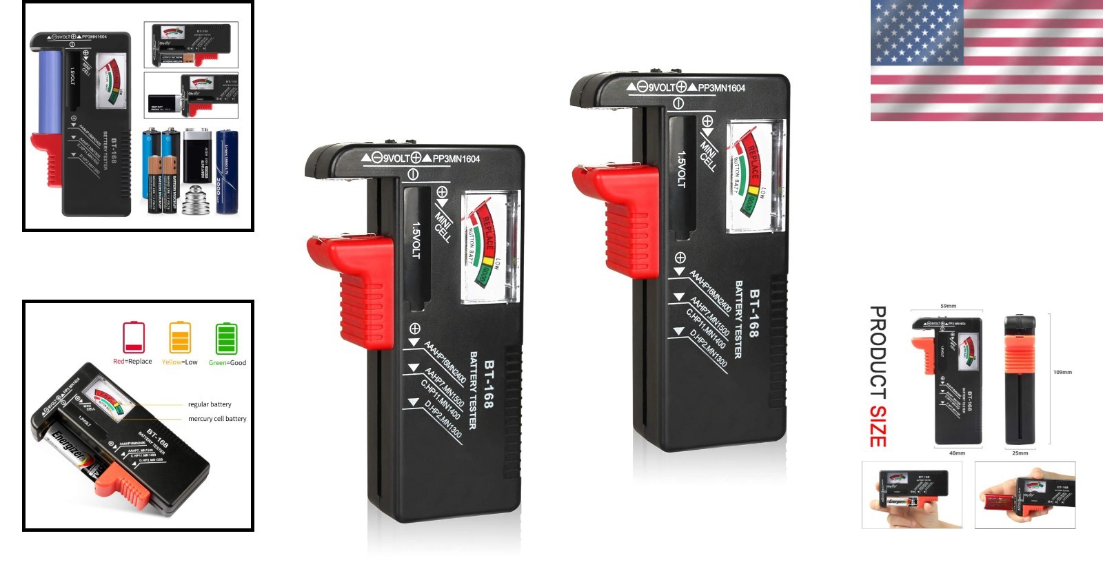 2Pcs Universal Battery Tester Checker for AA AAA C D 9V 1.5V Button Cell Batt…