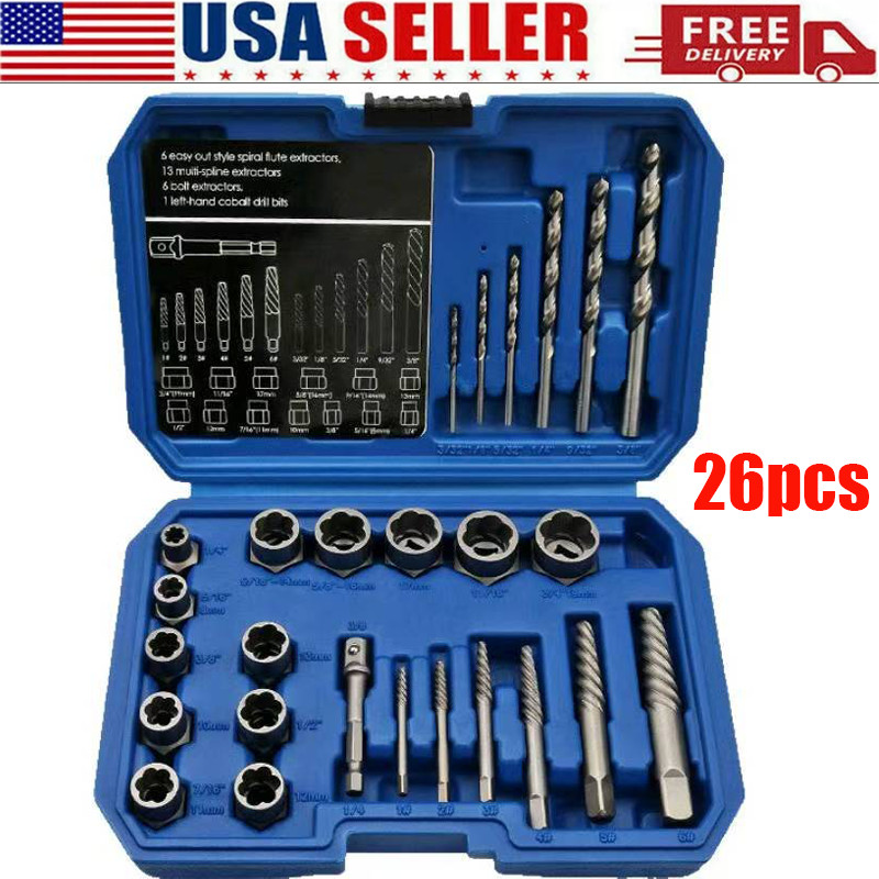 26PCS Screws Bolt Extractor Set W/Drill Bit Kit Lug Nut Extraction Sockets