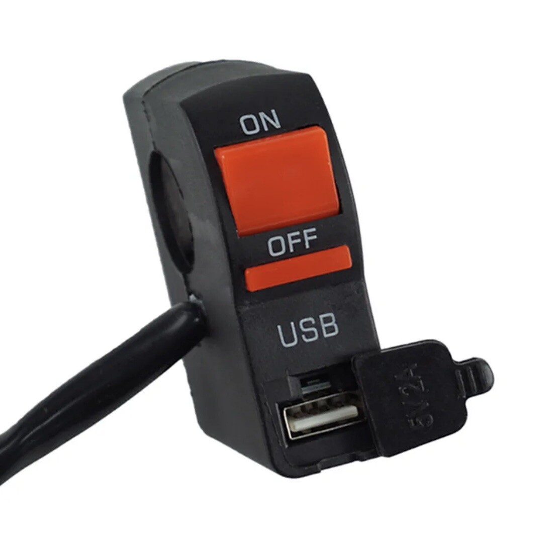 7/8″ Universal Motorcycle Handlebar Mount Switch ON OFF Button With USB Charger