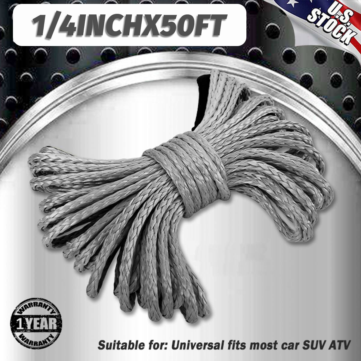 1/4″x50′ 10000LBS Synthetic Winch Rope Line Recovery Cable 4WD ATV UTV Gray AB