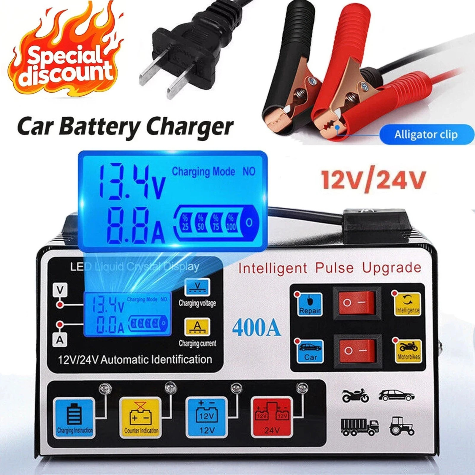 Car Battery Charger Heavy Duty 12V/24V Smart Automatic Intelligent Pulse Repair