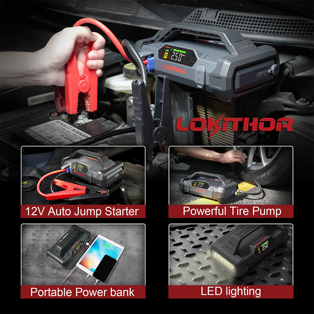 Car Battery Jump Starter with Air Compressor 12000mAh Charger Emergency Power