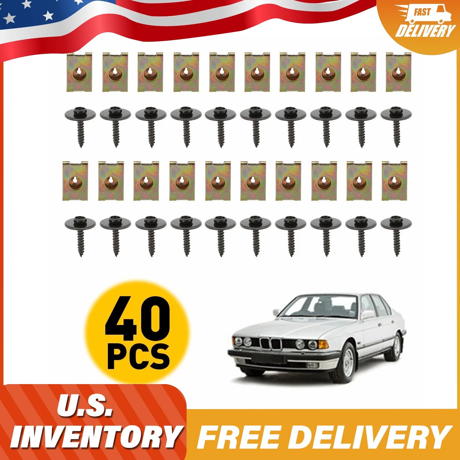 40PCS Metal Car Screw Body Fender Bumper Retainer U Nut Clip Gasket Fastener Kit