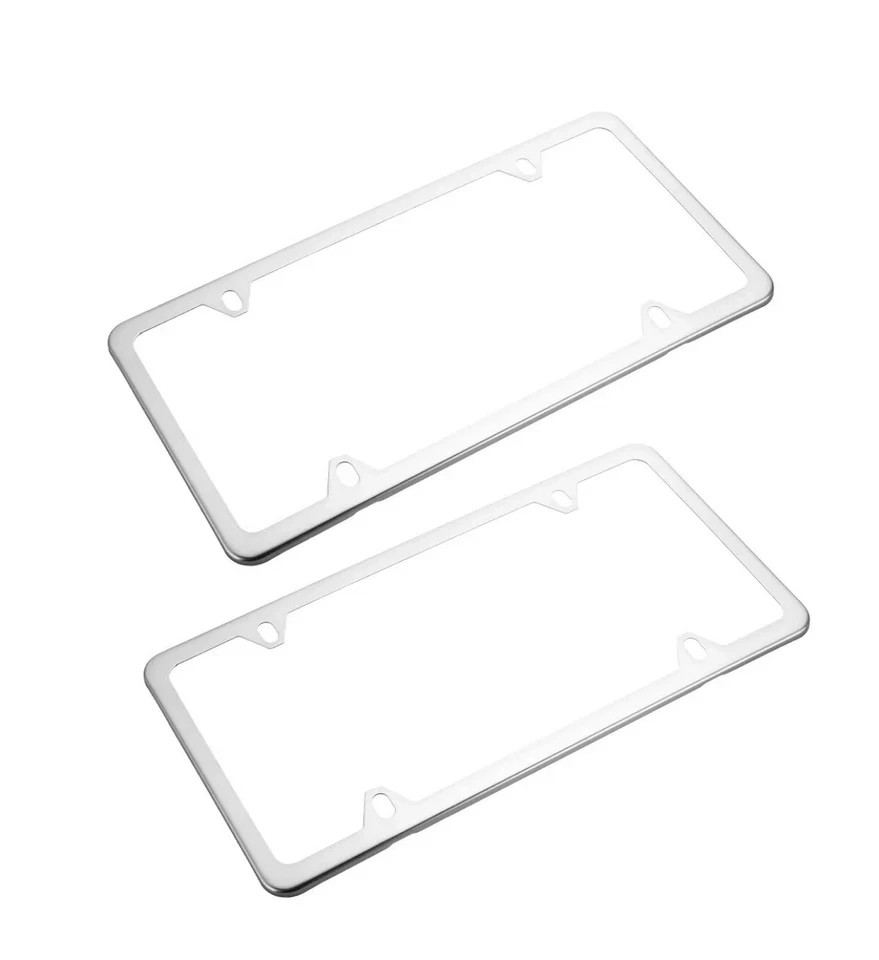 2Pcs Chrome Stainless Steel Metal License Plate Frame Tag Cover With Screw Caps~