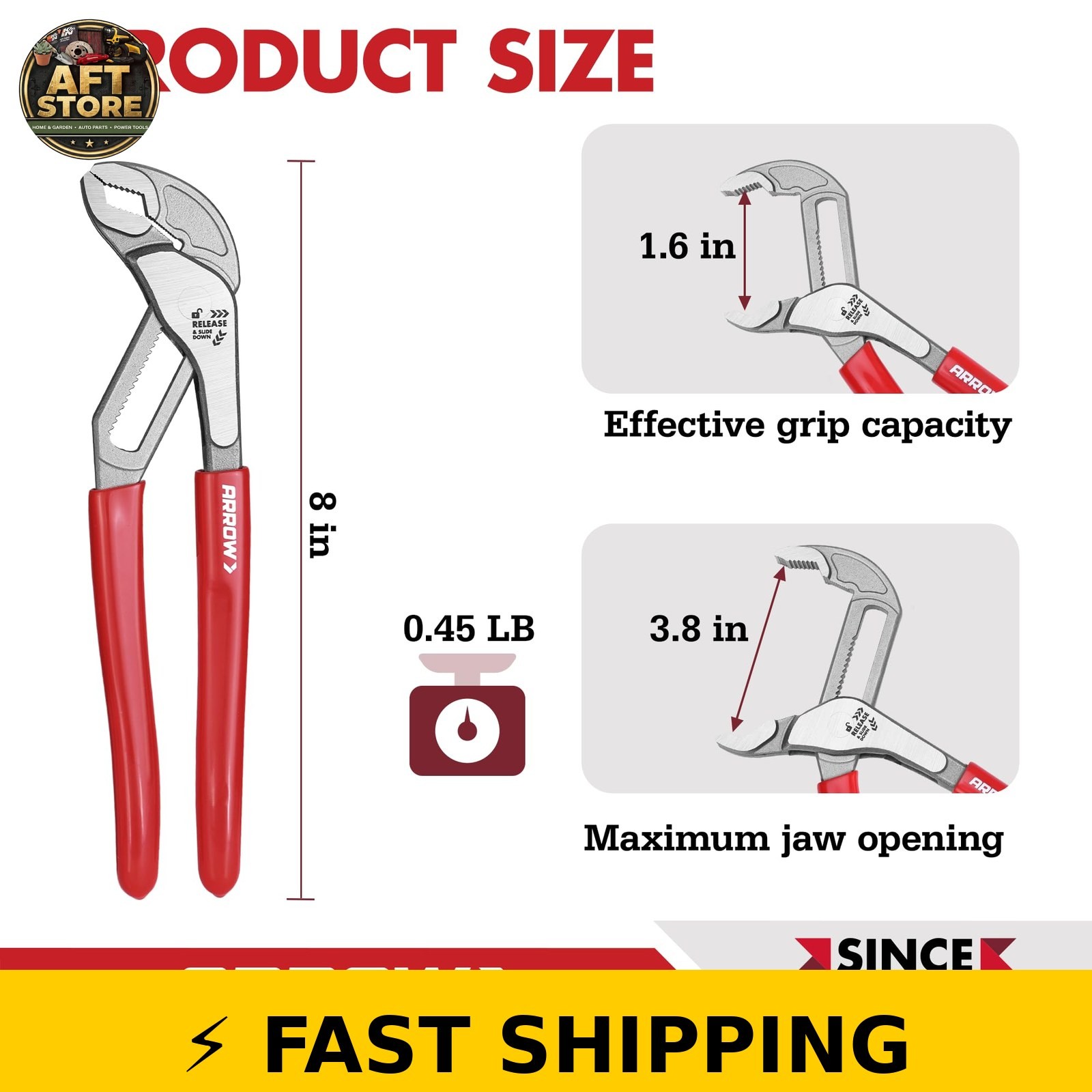 Arrow 8″ V-Jaw Groove Joint Pliers, Quick Adjustable