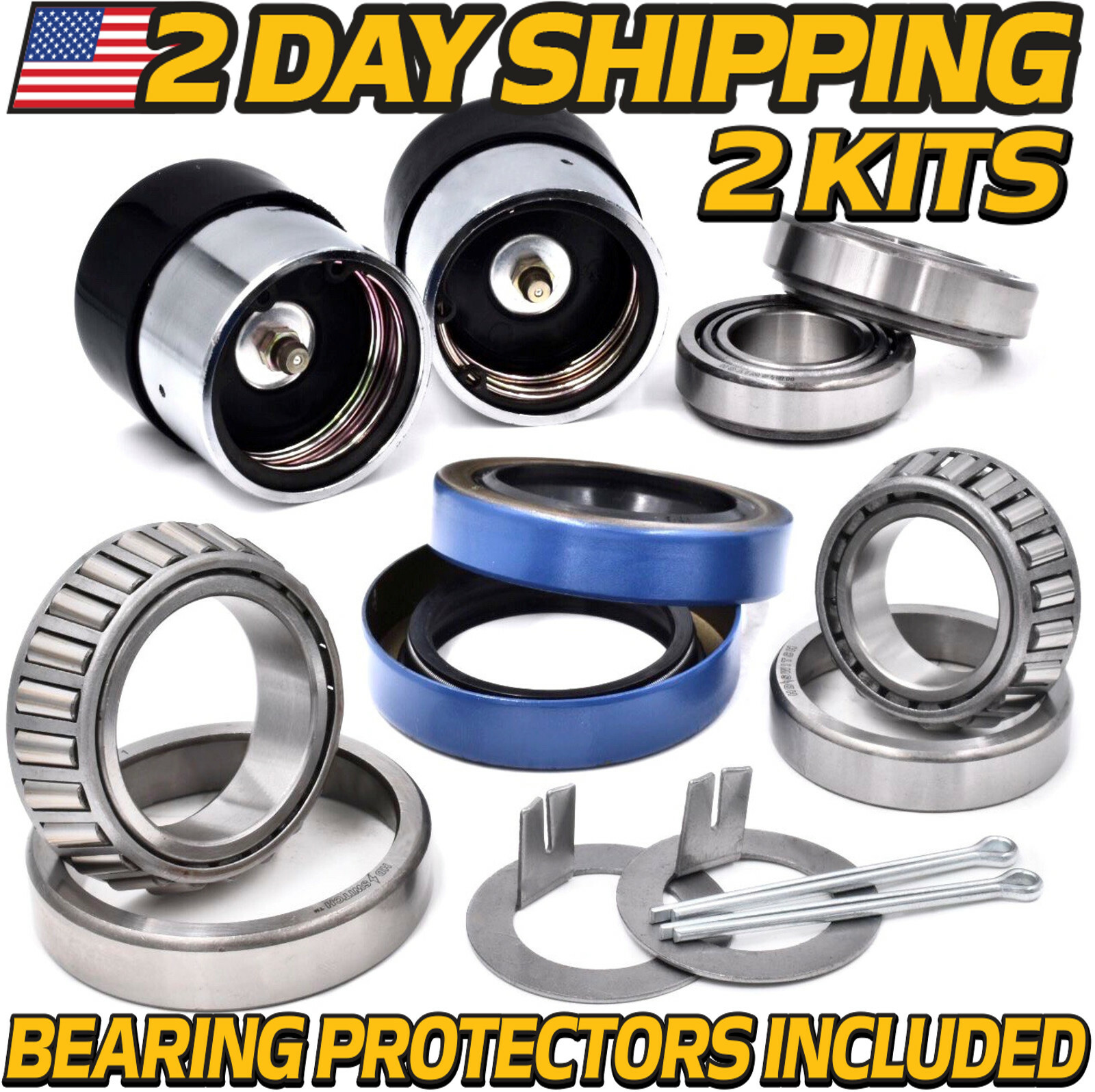 (2 Kits) Trailer Bearings 1-1/16 & 1-3/8 inch L44649/10 & L68149/11 w/Protectors