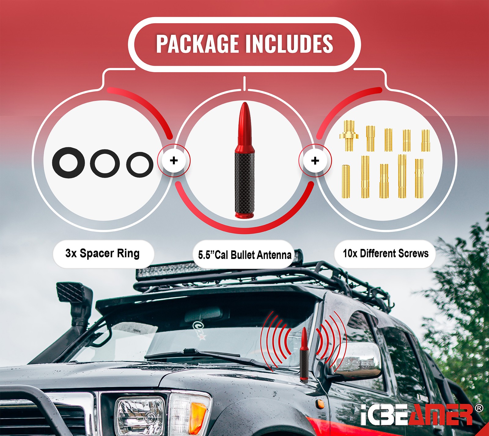 ICBEAMER Red 50 Cal Bullet-Style 5.5″ Carbon Fiber Antenna for Trucks