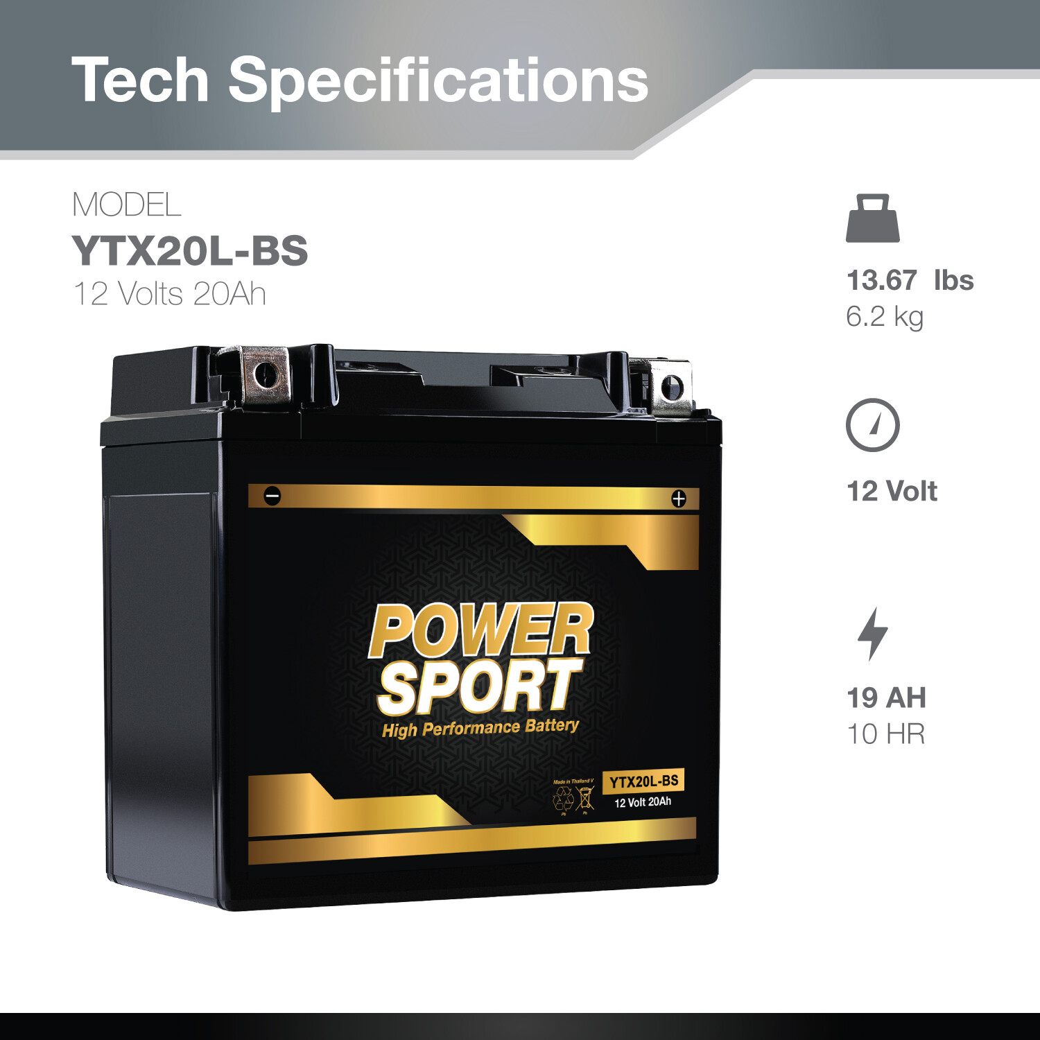 12V 20Ah YTX20L-BS Battery Replaces GTX20L-BS, STX20L-BS, CTX20L-BS, YTX20HL-BS